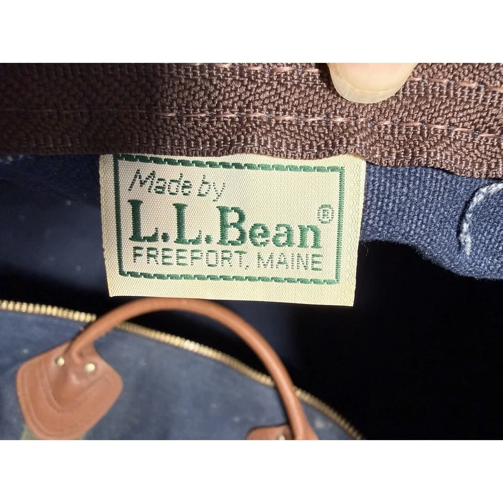 LL Bean Vintage 80s‎ Blue Green Leather Handle Duffel Bag Zip Top Freeport Maine